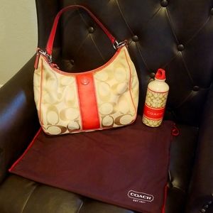 Coach Pink and Tan Canvas Signature Logo Jacquard Hobo F21873 Bag